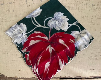 VINTAGE Leaf Handkerchief- Green - Burgundy- White Hankie - Cotton Hanky - Modern Cottage - Vintage Fashion