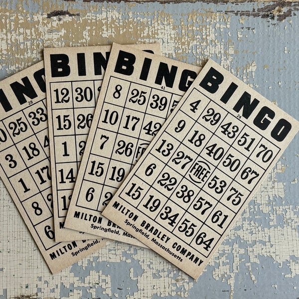 VINTAGE White + Black BINGO Cards - Set of 4 - Ephemera - Mixed Media Art - Numbers - Milton Bradley Co.