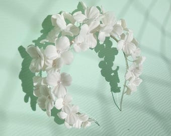 Clay Flower Bridal Headband: White Floral Wedding Hair Accessory