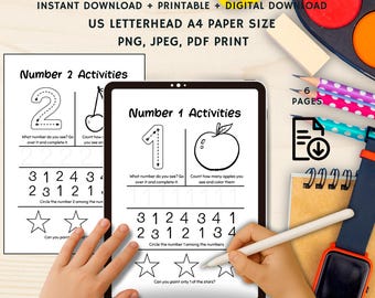 May include: A number activity worksheet with the text "Number Activity Worksheet" and "Instant Download + Printable + Digital Download". The worksheet includes number tracing and counting activities for children. The image also shows a tablet with a stylus.