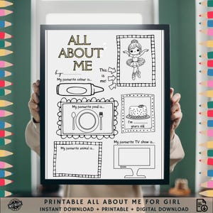 All About Me Coloring Page, Printable All About Me for girl, All About Me, Get to Know Me, First Day of School, Back to School, PDF Print