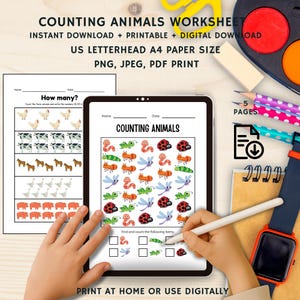 Animal Counting Worksheet – Kids Math Activity, Number Practice, Early Learning, Kindergarten, Homeschool, Instant Download, PDF Print