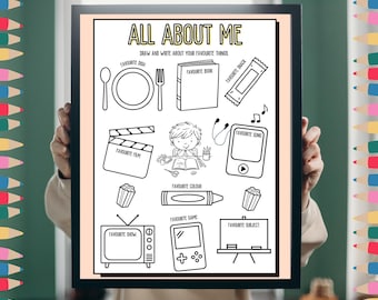 Może przedstawiać: Czarno oprawiona grafika z napisem "All About Me" z sekcjami do wypełnienia dla ulubionych rzeczy. Zawiera ilustracje talerza, widelca, książki, przekąski, filmu, koloru, programu, gry, piosenki i przedmiotu. Tekst na dole brzmi "Printable All About Me for Boy."