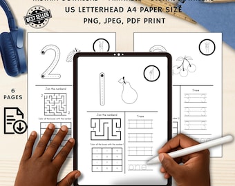 May include: A digital number maze worksheet with the text "NUMBER MAZE WORKSHEET" and "PRINT AT HOME OR USE DIGITALLY". The worksheet includes mazes, tracing exercises, and number recognition activities. The image shows a tablet with a stylus.