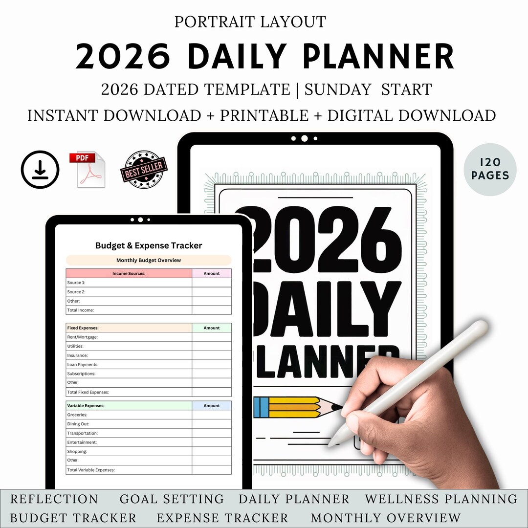 2026 Daily Planner Printable, Editable Weekly Monthly Planner, Digital