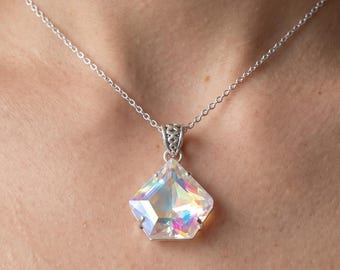 Rainbow Mystic Topaz Pendant Necklace, Aurora Flash Crystal Gem Charm, Silver Prong Mount, Modern Statement Piece, Holiday Gift