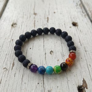 7 Chakra Healing Bracelet, Lava Stone Diffuser Beads with Rainbow Gemstones, Stretch Bracelet, Grounding Yoga Jewellery for Daily Wear