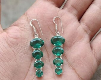 Natural Green Emerald Dangle Earrings, Graduated Oval Faceted Stones, Sparkling Drop Design, Silver Finish Ear Wires, Bridesmaid Gift