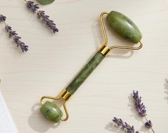 Green Jade Face Roller, Green Stone Facial Massage Tool with Dual Ends for Eye Cheek Neck, Self Care Skincare Gift, Home Spa Essentials