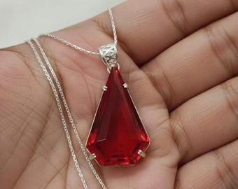 Ruby Teardrop Pendant Necklace 80–90 CT | Deep Red Faceted Gem Charm with Chain | Gift for Her, Wedding Guest Jewellery & Romantic Style