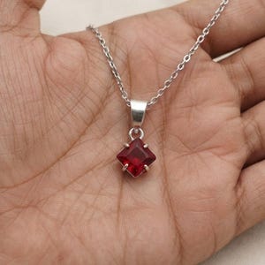 Red Ruby Pendant Necklace 10-15 Ct, Square Cut Red Stone, Sterling Silver Style Setting, July Birthstone, Anniversary Gift for Her