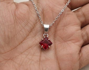 Red Ruby Pendant Necklace 10-15 Ct, Square Cut Red Stone, Sterling Silver Style Setting, July Birthstone, Anniversary Gift for Her