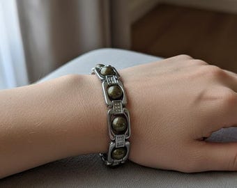 Pulsera auténtica de pirita bañada en plata, cadena de eslabones con piedras redondas de pirita metálica, cierre seguro, regalo de confianza y prosperidad.