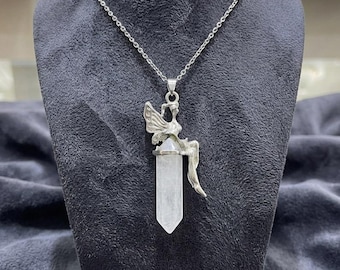 Fairy Quartz Crystal Necklace, Silver Tone Fairy Charm Pendant, Clear Quartz Point Necklace, Nature Inspired Jewellery Gift for Her