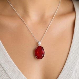 Red Ruby Oval Pendant Necklace 90-100 CT, Oversize Sparkling Gem in Silver Tone Setting with Rope Chain, Valentine Gift for Her