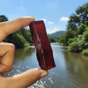 Op de afbeelding: Een rechthoekige, doorschijnende, dieprode edelsteen wordt vastgehouden tegen een achtergrond van een rivier en weelderige groene bomen. De edelsteen heeft een ruwe, natuurlijke textuur en vangt het zonlicht op.