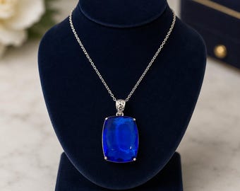 Blue Sapphire Cushion Cut Pendant 100-110 CT, Large Vivid Blue Statement Stone, Silver Tone Chain, Anniversary Birthday Gift for Her