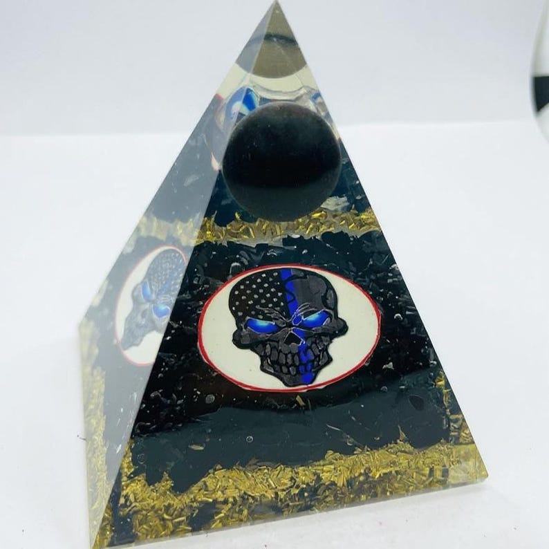 Black Tourmaline Orgone Resin Pyramid With Skull Emblem, Gold Flakes ...
