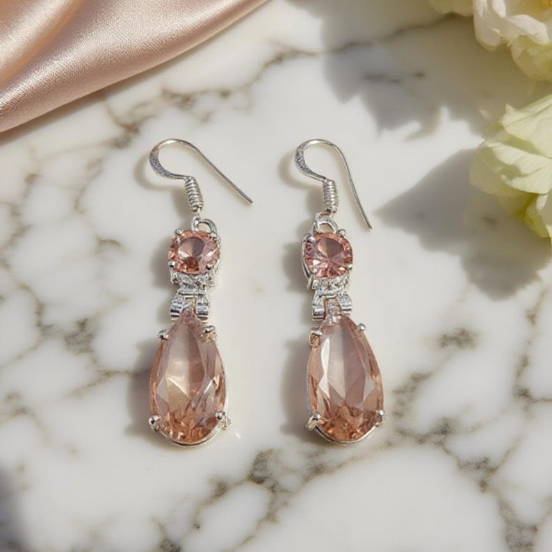 Handmade peach teardrop drop earrings with crystals