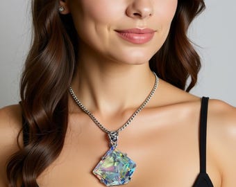 Rainbow Mystic Topaz Pendant Necklace – Diamond Shape Crystal 50-60Ct – Unique Healing Gemstone Jewellery – Sterling Silver Top Bail Pendant
