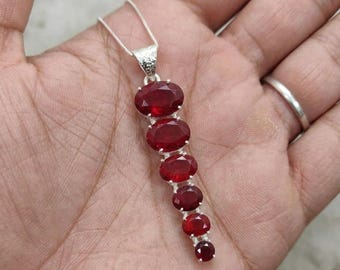 Red Ruby Pendant Necklace 50 CT, Cascading Oval Ruby Drop Design on Silver Tone Chain, July Birthstone Jewellery, Romantic Anniversary Gift