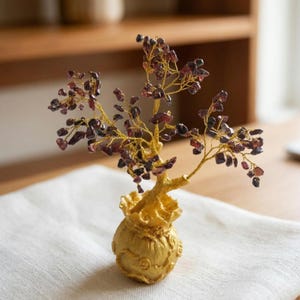 Premium Red Garnet Gemstone Bonsai Tree, Handcrafted Wire Crystal Tree for Confidence and Protection, Office Desk Decor and Housewarming Gift