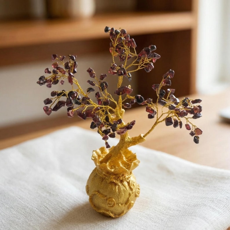 Premium Red Garnet Gemstone Bonsai Tree, Handcrafted Wire Crystal Tree for Confidence and Protection, Office Desk Decor and Housewarming Gift