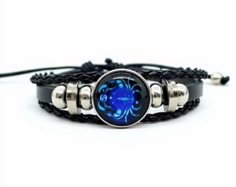 Cancer Zodiac Leather Bracelet | Handmade Adjustable Astrology Jewellery | July Birthstone Gift for Cancer Sign | Zodiac Symbol Accessories