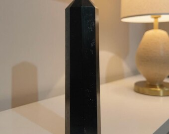 Black Tourmaline Point Tower, Sleek Polished Obelisk Wand for Focus and Stability, Yoga Altar Decor, Spiritual Protection Gift Handmade