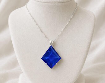 Royal Blue Sapphire 100-110 CT Geometric Pendant, Dramatic Blue Statement Piece, Silver Tone Chain, Birthday Anniversary Holiday Gift