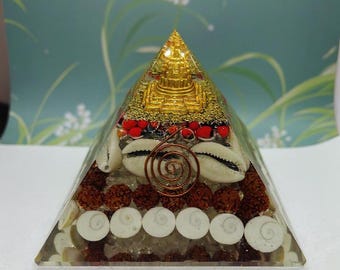 Handmade Rudraksha Orgonite Pyramid, Golden Temple Insert with Copper Coil, Vastu Feng Shui Decor, Protection & Peace Gift Idea