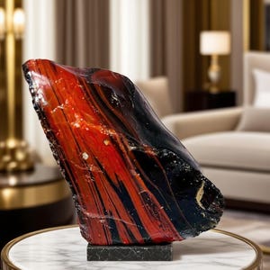 Könnte beinhalten: Eine abstrakte Skulptur in Rot- und Schwarztönen, montiert auf einem dunkelgrauen Sockel. Die Skulptur steht auf einem Tisch mit Marmorplatte und goldfarbenem Rand. Der polierte Stein hat eine organische Form und ist ein Blickfang.