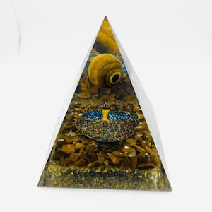Orgonite Tiger Eye Pyramid with Decorative Emblem, Polished Resin Energy Decor for Productivity & Confidence, Desk Gift Idea