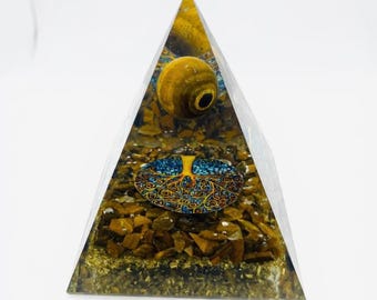 Orgonite Tiger Eye Pyramid with Decorative Emblem, Polished Resin Energy Decor for Productivity & Confidence, Desk Gift Idea