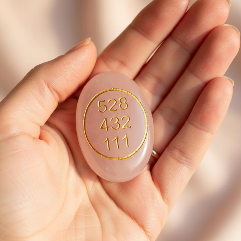 Engraved Rose Quartz Love Sigil Stone, 528 432 111 Worry Palm Crystal for Calm Heart Energy, Reiki Meditation Tool, Gift for Partner