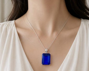 Oversized Emerald Cut Blue Sapphire Pendant 100-110 CT, Vivid Blue Rectangle Stone, Silver Tone Accent Bail, Collector Statement Piece