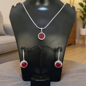 Matching Ruby Necklace Earrings Set, Deep Red Halo Pendant, Elegant Dangle Earrings, Anniversary Jewellery Gift For Her, Bridal Set