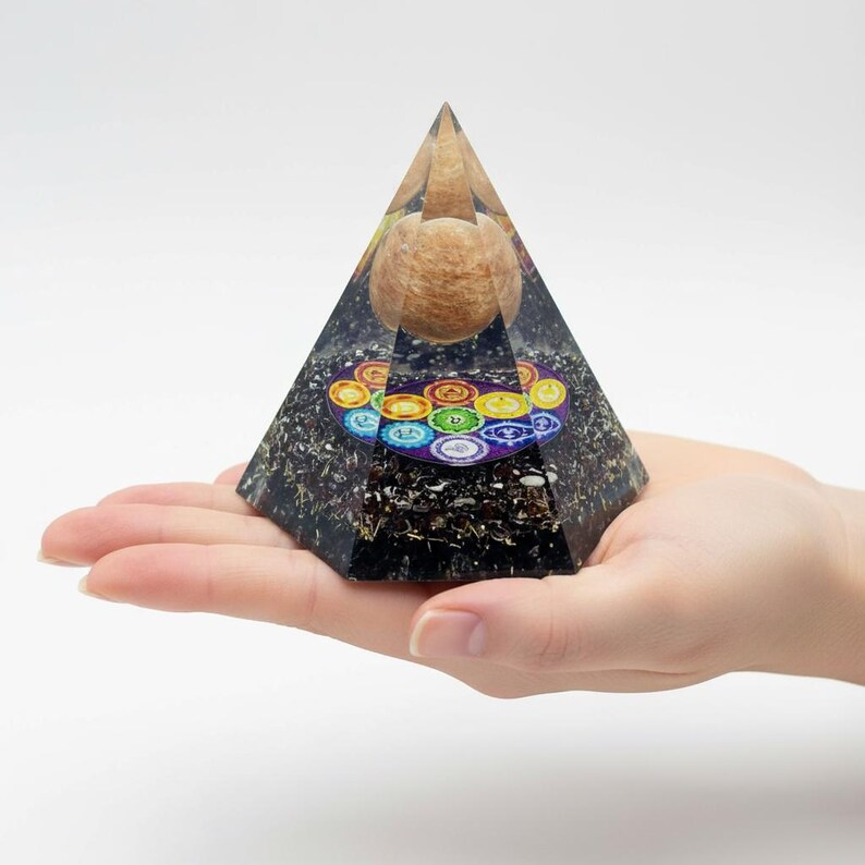 Chakra Wheel Orgone Pyramid with Garnet, Resin Meditation Decor for Balance and Focus, Altar Centerpiece, Vastu Feng Shui Gift Idea