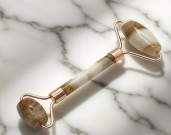 Golden Brown Agate Facial Roller, Natural Stone Skincare Tool with Dual Ends, Cooling Massage Accessory for Glow Routine, Gift for Her