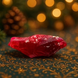 May include: A vibrant, raw ruby gemstone with a deep red hue. The rough-cut stone has a crystalline structure and sits on a dark green surface with gold filigree. The background features a blurred bokeh effect with warm, golden lights.