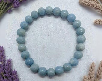 Real Aquamarine Bracelet with Polished Round Beads, Serenity Peace Crystal Jewellery, Simple Stretch Fit Bracelet for Daily Wear Stacking