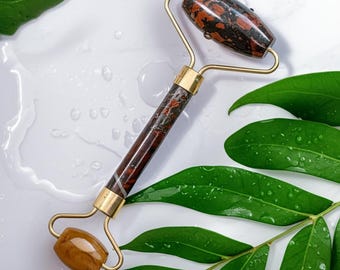 Mahogany Obsidian Roller for Face, Dual Head Stone Facial Massage Roller for Jawline Cheeks Eyes, Spa Night Essential, Gift Ready for Her