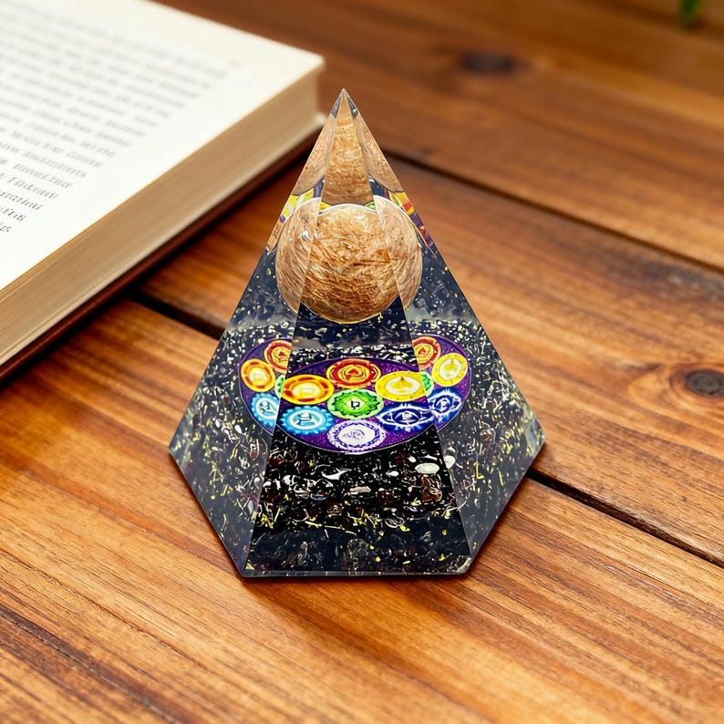 Orgone Chakra Pyramid Garnet Energy, Resin Crystal Decor with Chakra Mandala Insert, Meditation Corner Accent, Reiki Gift for Her Him