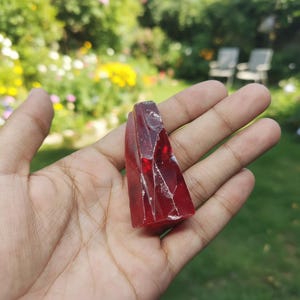 May include: A hand holds a triangular, translucent, deep red crystal. The crystal has a fractured appearance with visible internal cracks. The background is a blurred view of a garden with green grass and colourful flowers.