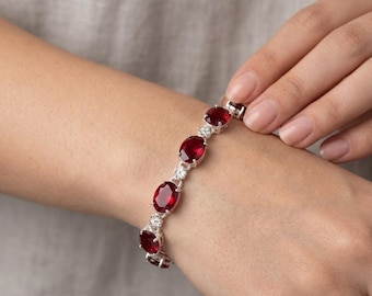 Red Ruby Bracelet, Oval Faceted Gem Link Chain, Silver Tone Toggle Clasp, July Birthstone Jewellery, Romantic Anniversary Gift for Her Wife