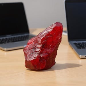 Può includere: Una grande gemma di rubino grezza, di colore rosso intenso. La gemma è esposta su una superficie di legno chiaro, con due computer portatili sullo sfondo.