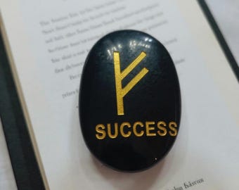 Black Agate Palm Stone “Success” Engraved, Smooth Worry Stone for Grounding and Confidence, Pocket Talisman for Study Work Gift