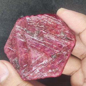 Op de afbeelding: Een ruwe, ongeslepen robijn edelsteen met een dieprode kleur. Het oppervlak heeft een textuur met zichtbare kristallijne structuren en natuurlijke onvolkomenheden. De edelsteen wordt in een hand gehouden, wat de grootte en vorm laat zien.