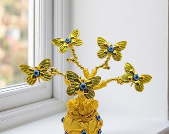 Golden Evil Eye Butterfly Money Tree Decor, Lucky Desk Ornament for Prosperity, Nazar Charm Home Accent, Office Gift, Housewarming Present