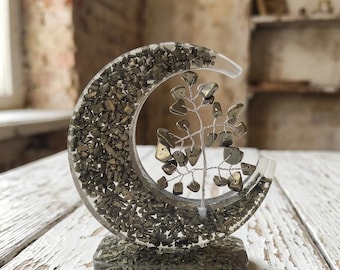 Pyrite Crystal Chip Moon Stand with Gem Tree, Resin Decor for Wealth Corner, Positive Energy Home Accent,Housewarming Gift For Couple Friend